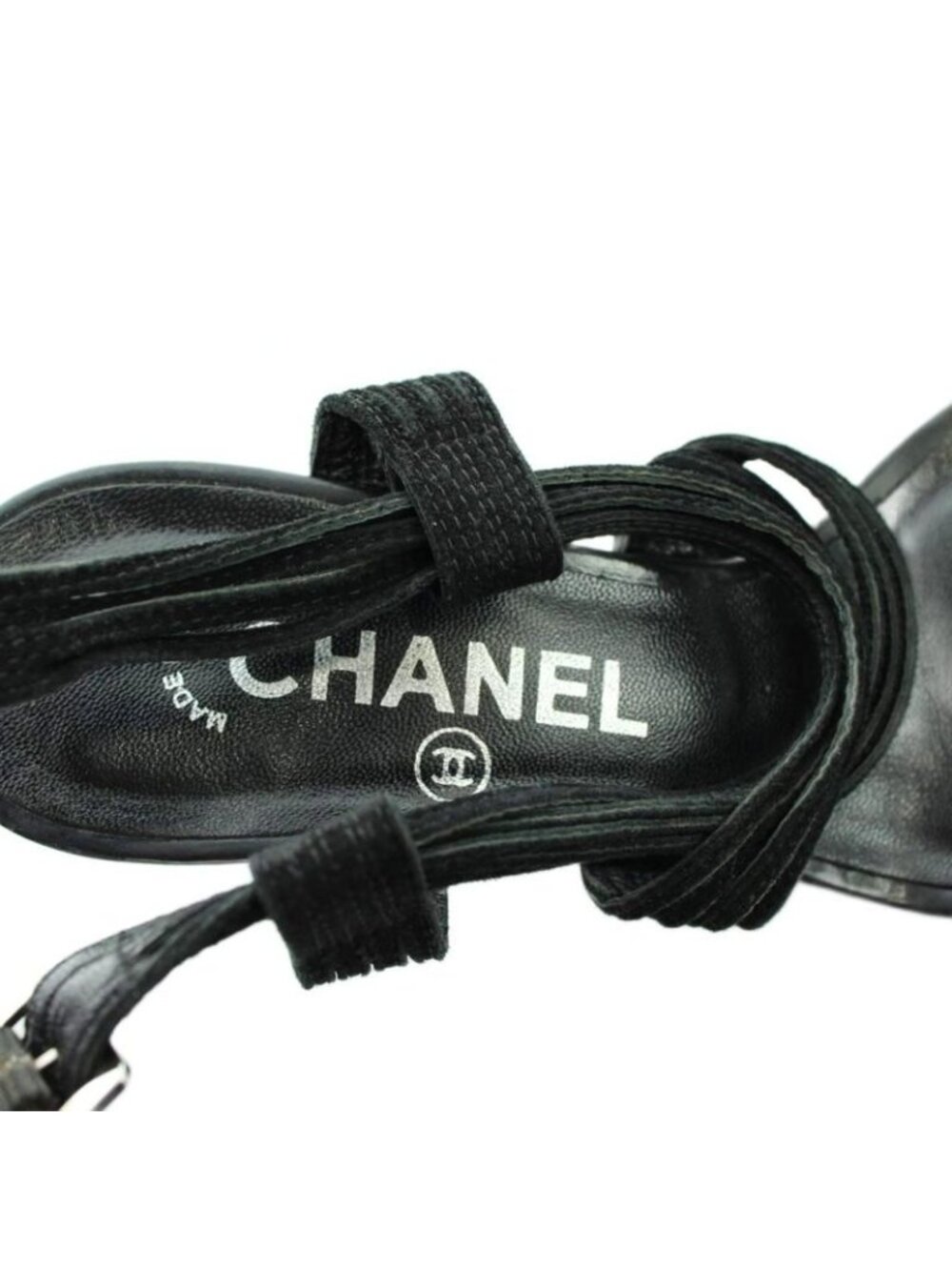 Chanel Sandals Wedge Sole Leather Ankle Strap Logo 38.5 Black - Picture 7 of 7